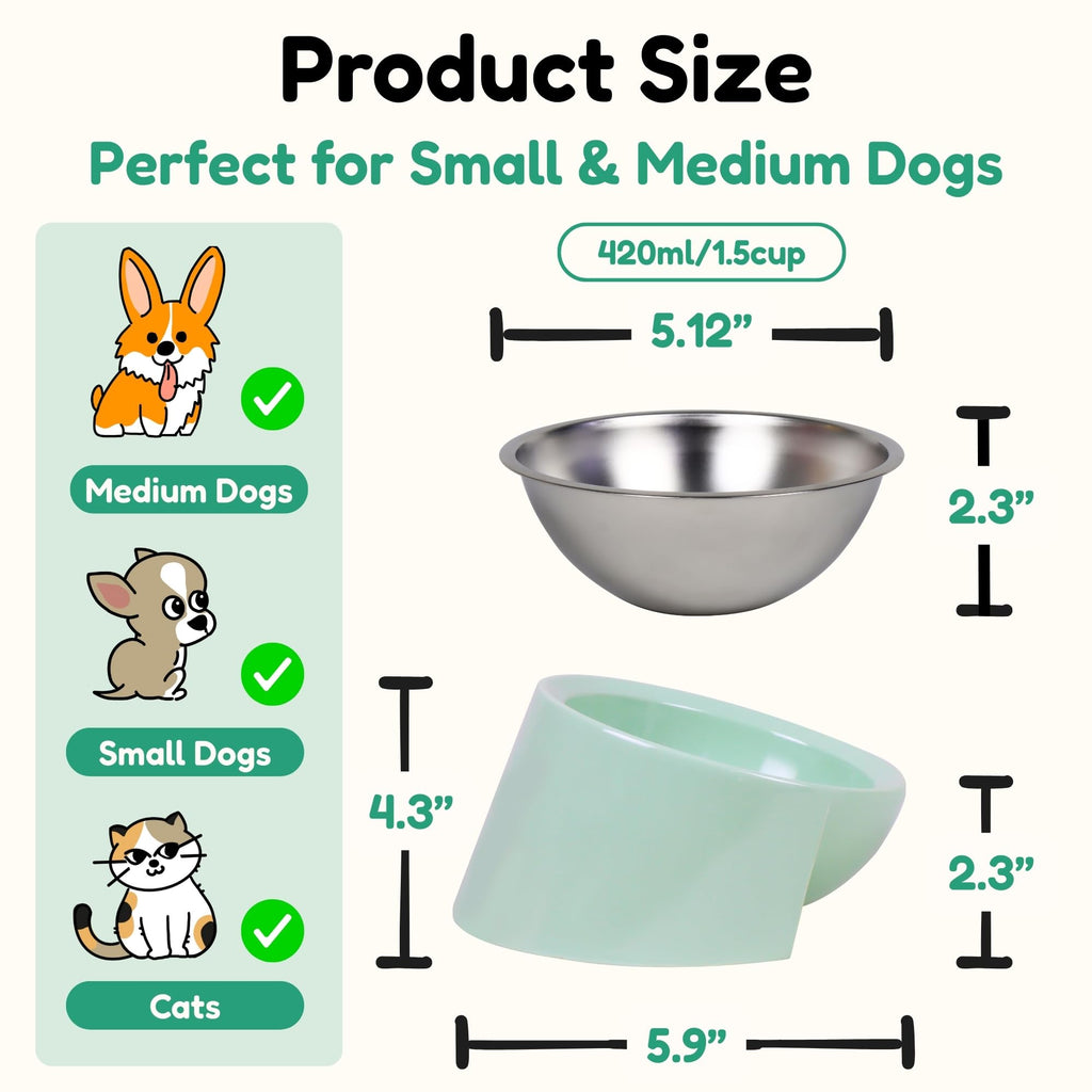 Tafelf 15° Slanted Dog Bowl for Brachycephalic & Senior Dogs, Stainless Steel with Melamine Stand, Green, Medium (420ml)