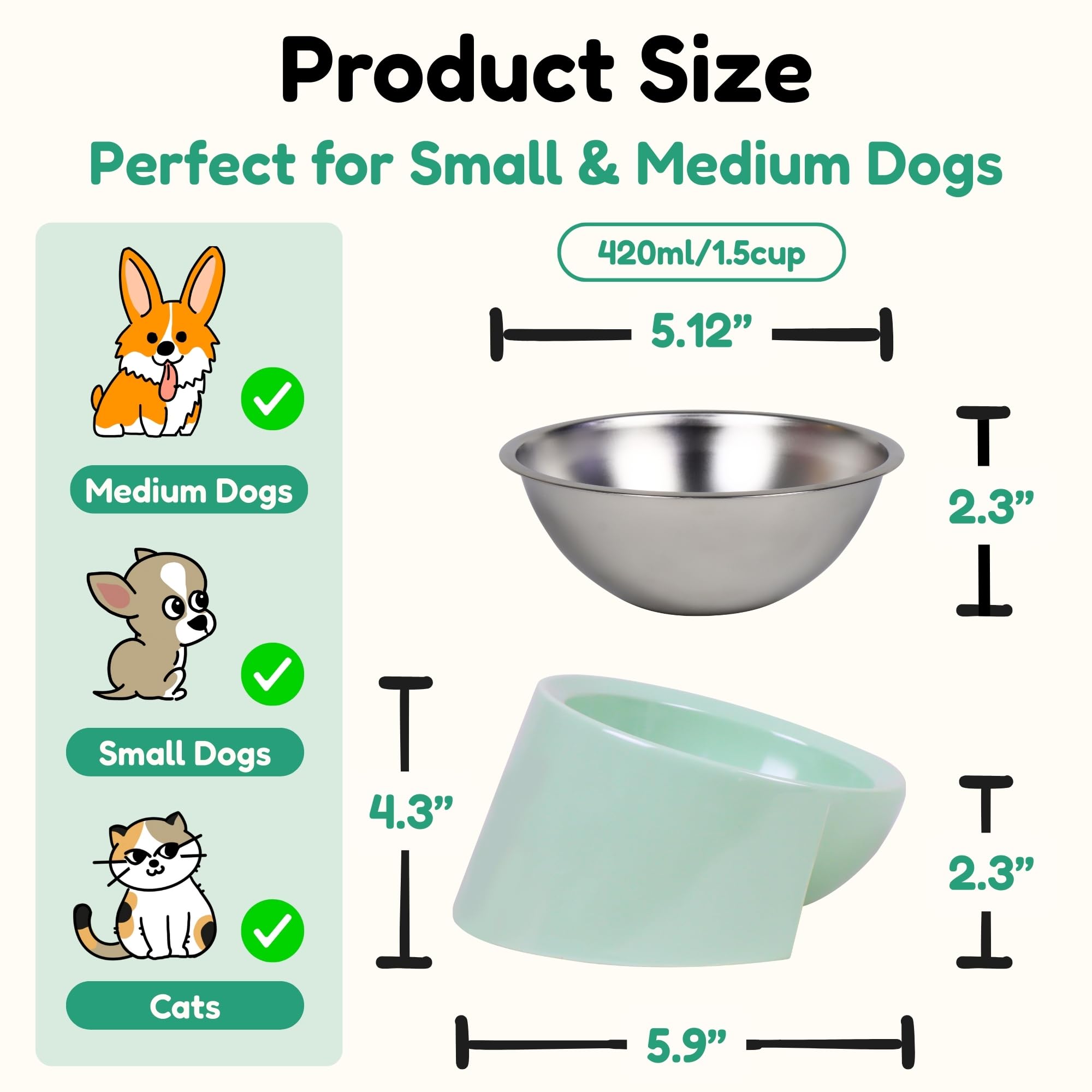 Tafelf 15° Slanted Dog Bowl for Brachycephalic & Senior Dogs, Stainless Steel with Melamine Stand, Green, Medium (420ml)