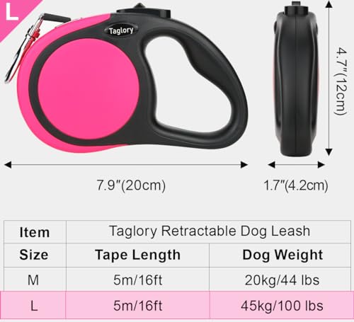 Taglory 16ft Retractable Dog Leash – Pink, One-Handed Brake, Anti-Tangle, for Medium and Large Dogs