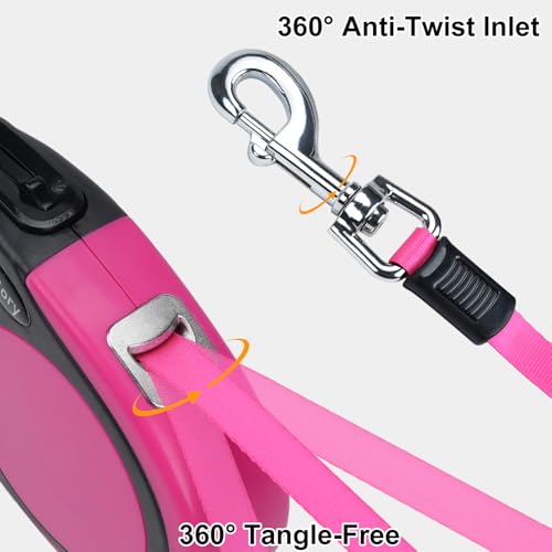 Taglory 16ft Retractable Dog Leash – Pink, One-Handed Brake, Anti-Tangle, for Medium and Large Dogs