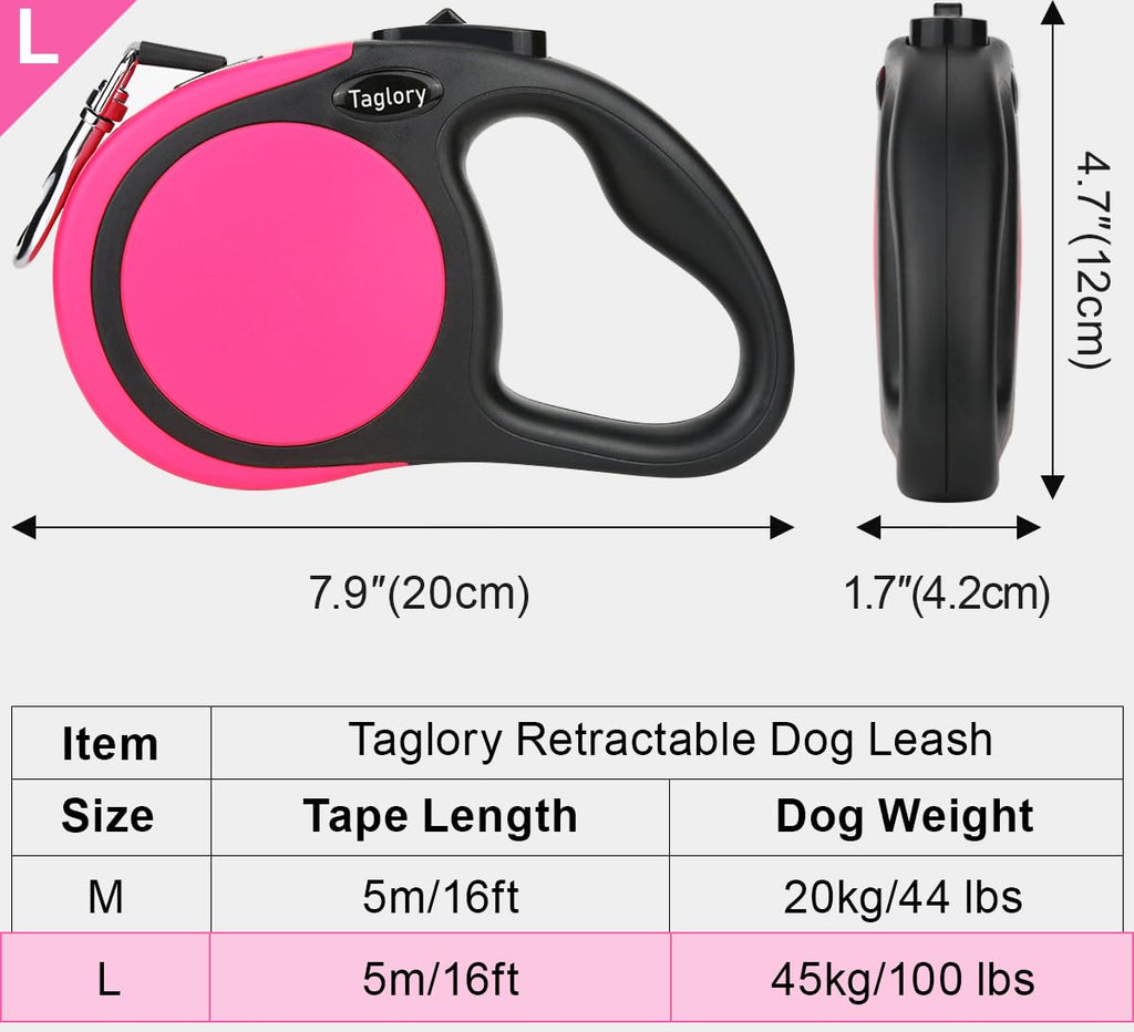 Taglory 16ft Retractable Dog Leash – Pink, One-Handed Brake, Anti-Tangle, for Medium and Large Dogs