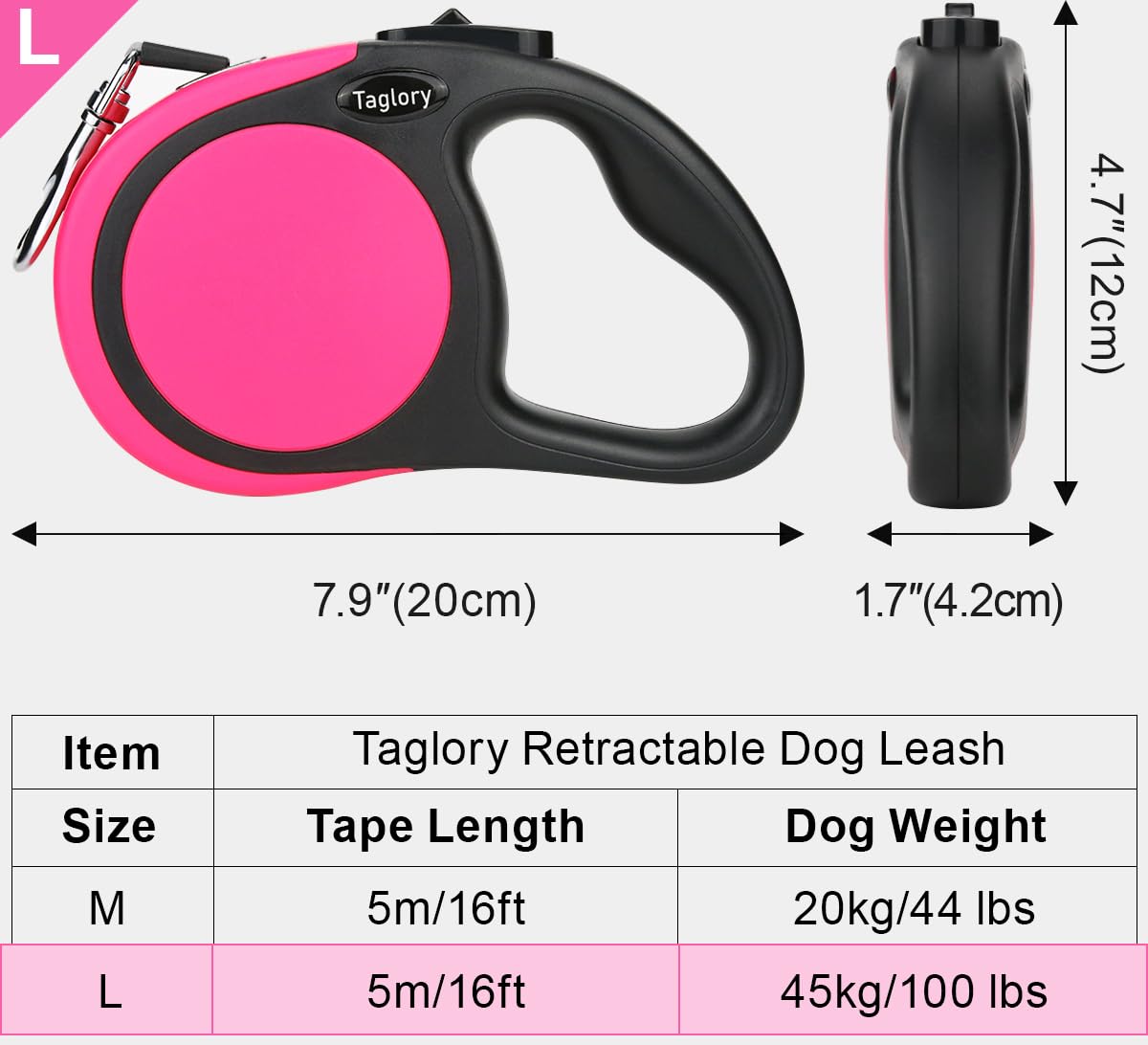 Taglory 16ft Retractable Dog Leash – Pink, One-Handed Brake, Anti-Tangle, for Medium and Large Dogs