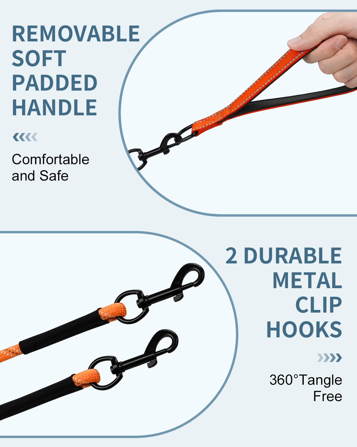 Taglory 66FT Long Dog Leash with Removable Padded Handle, Reflective Stitching, 2 Swivel Hooks - Durable Nylon Training Leash for Large, Medium, Small Dogs - Orange
