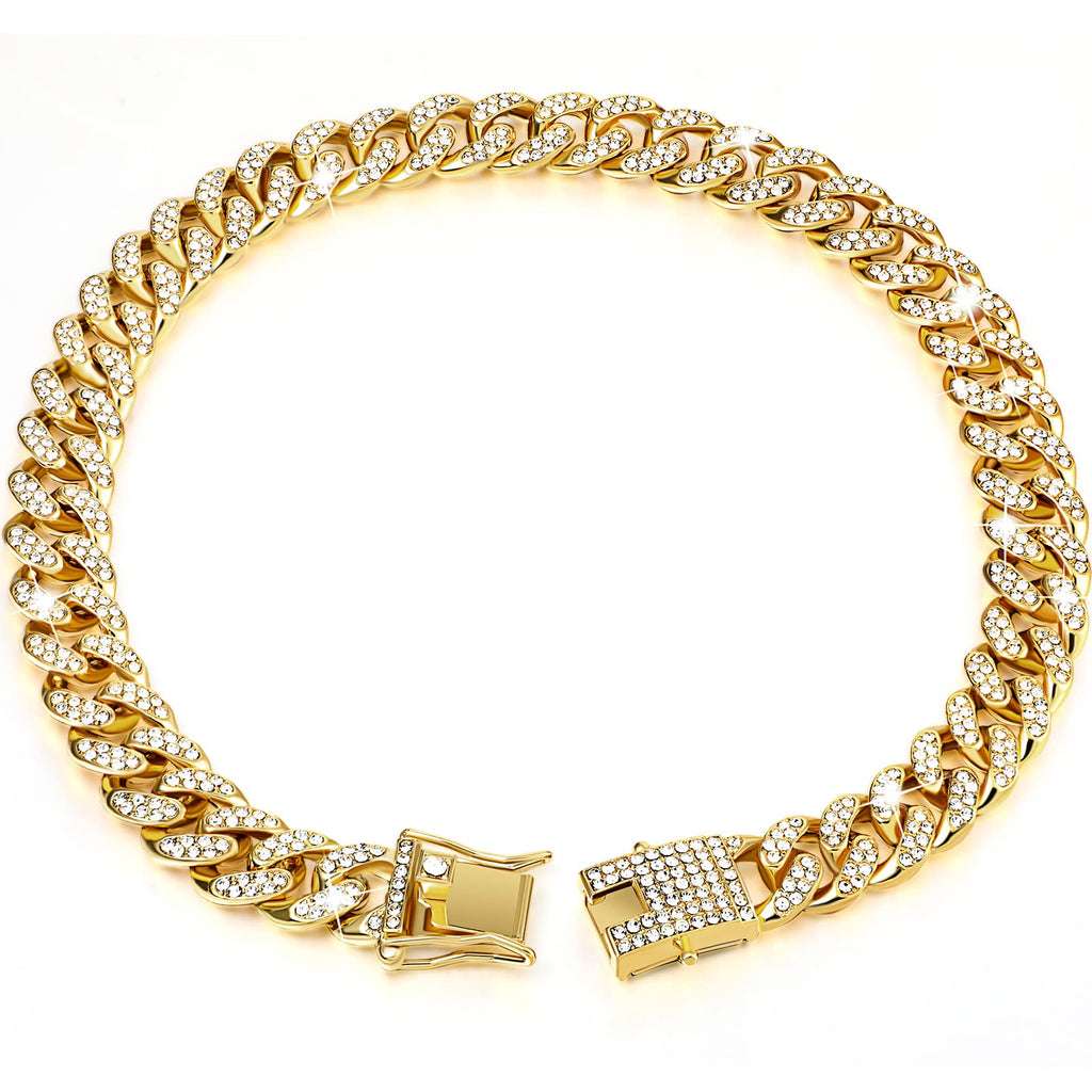 Tallew Gold Dog Chain Diamond Collar – Secure Buckle Metal Cuban Style Pet Necklace for Small Medium Large Dogs and Cats (28 inch)