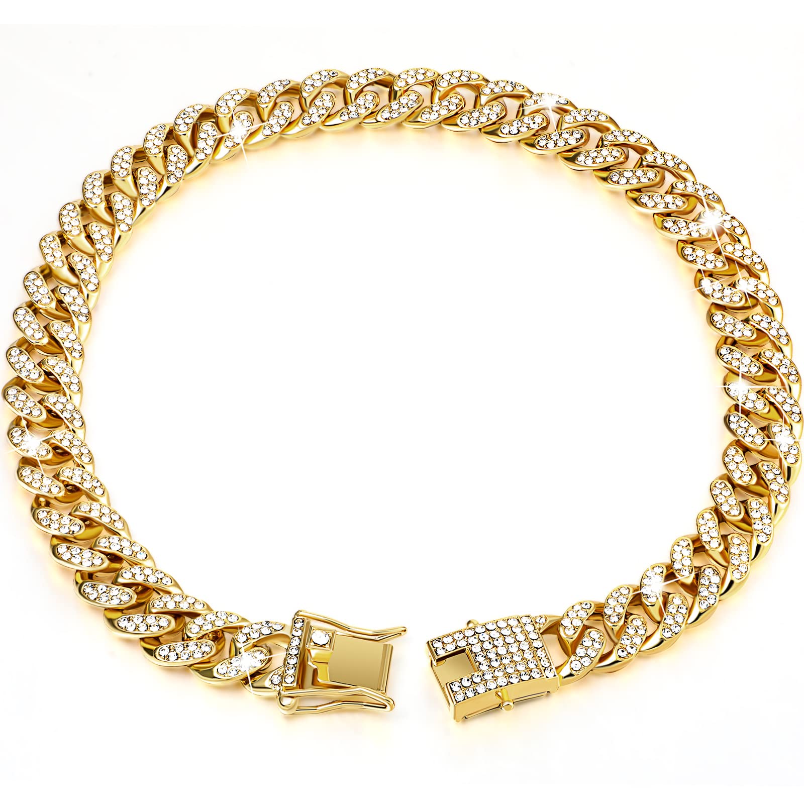 Tallew Gold Dog Chain Diamond Collar – Secure Buckle Metal Cuban Style Pet Necklace for Small Medium Large Dogs and Cats (28 inch)