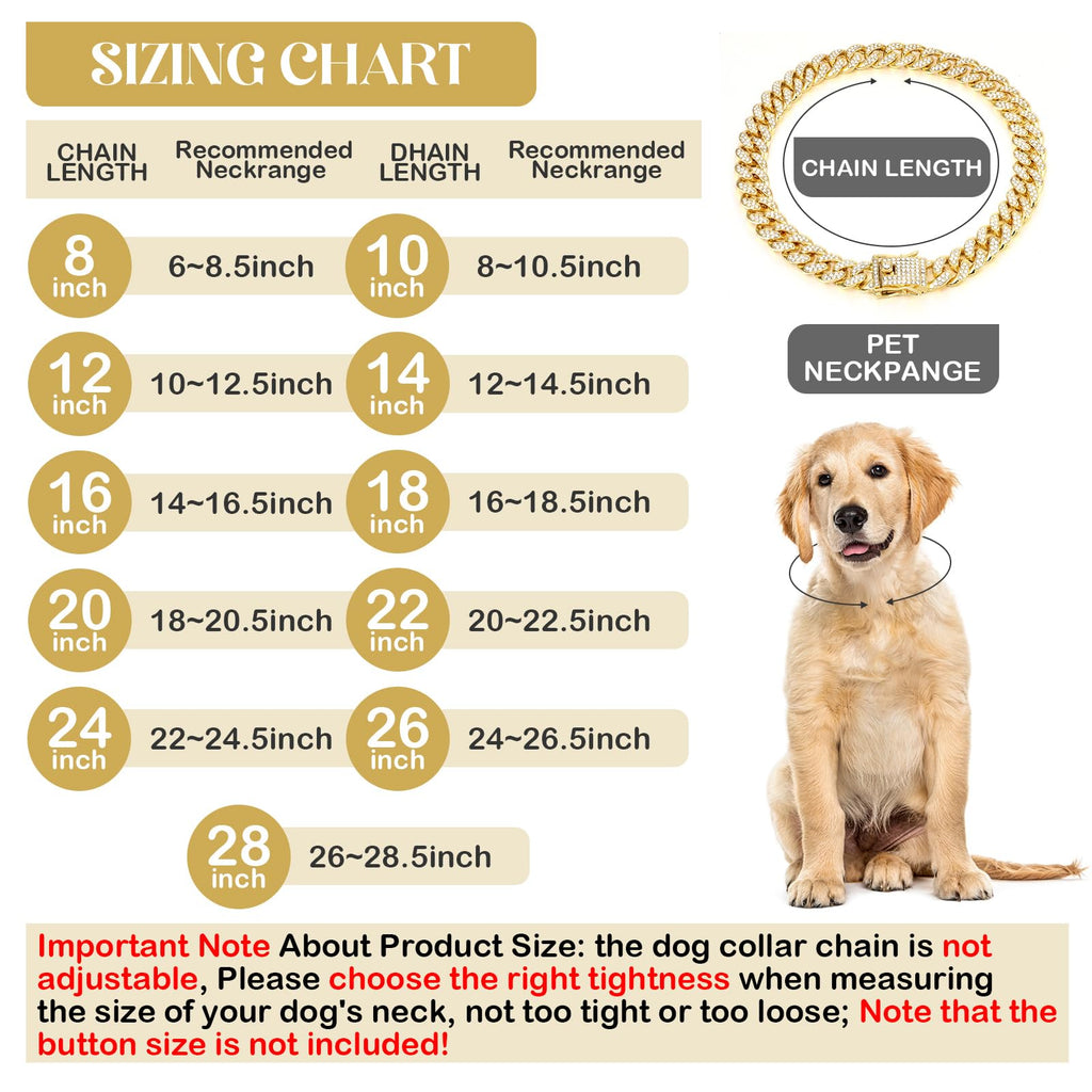 Tallew Gold Dog Chain Diamond Collar – Secure Buckle Metal Cuban Style Pet Necklace for Small Medium Large Dogs and Cats (28 inch)