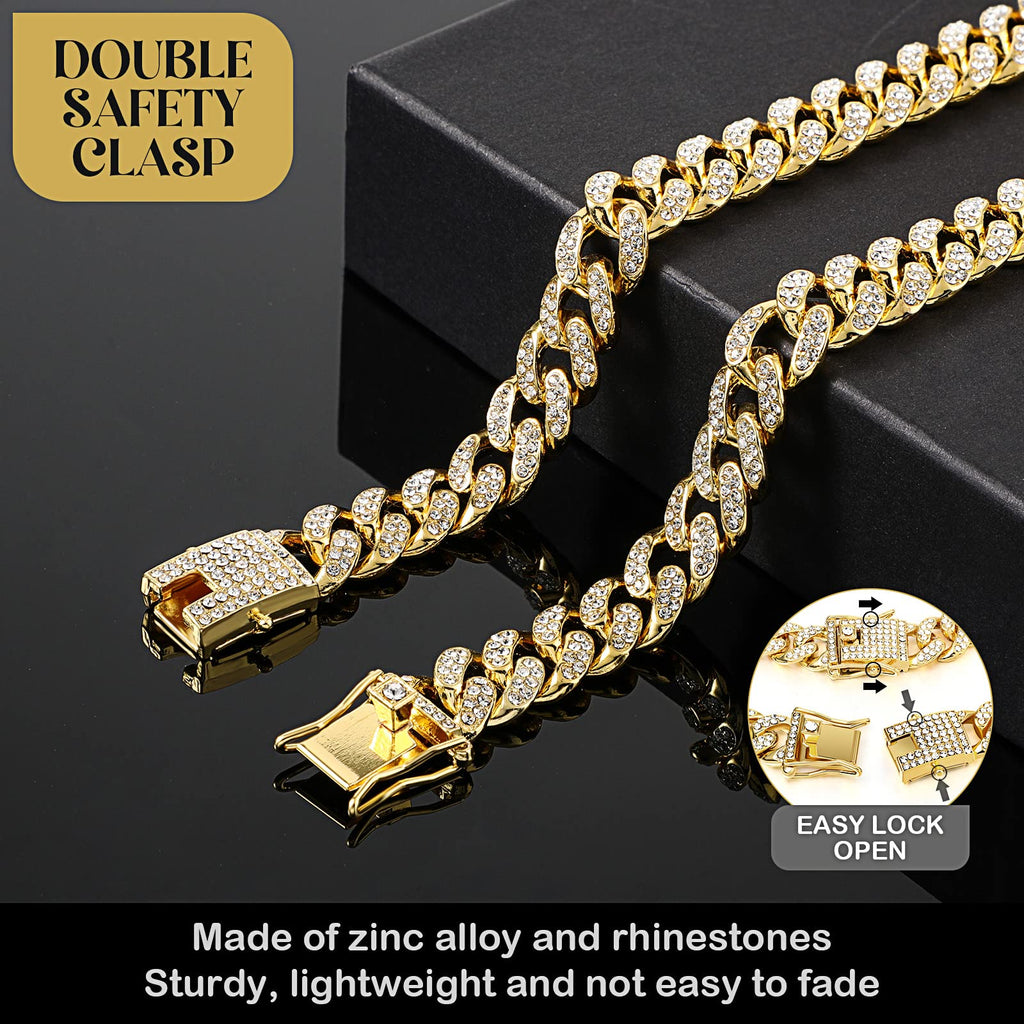 Tallew Gold Dog Chain Diamond Collar – Secure Buckle Metal Cuban Style Pet Necklace for Small Medium Large Dogs and Cats (28 inch)