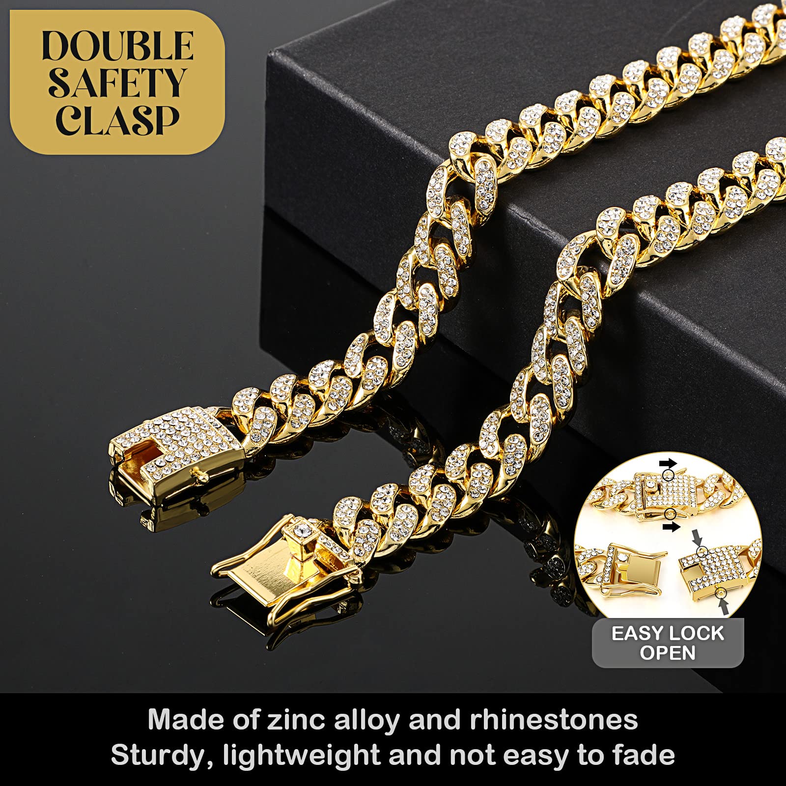 Tallew Gold Dog Chain Diamond Collar – Secure Buckle Metal Cuban Style Pet Necklace for Small Medium Large Dogs and Cats (28 inch)