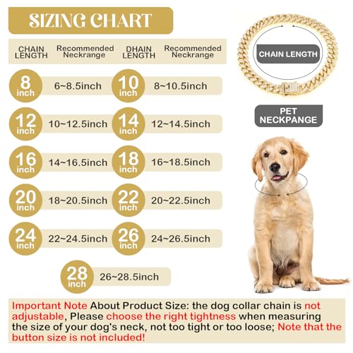 Tallew Gold Dog Chain Diamond Collar – Secure Buckle Metal Cuban Style Pet Necklace for Small Medium Large Dogs and Cats (28 inch)