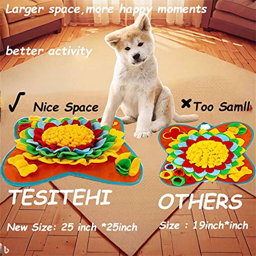 Tesitehi Dog Snuffle Mat 25"x25" - Interactive Feeding Puzzle with Flower Petals and Squeaky Bone - Slow Feeder for Small Medium Pets