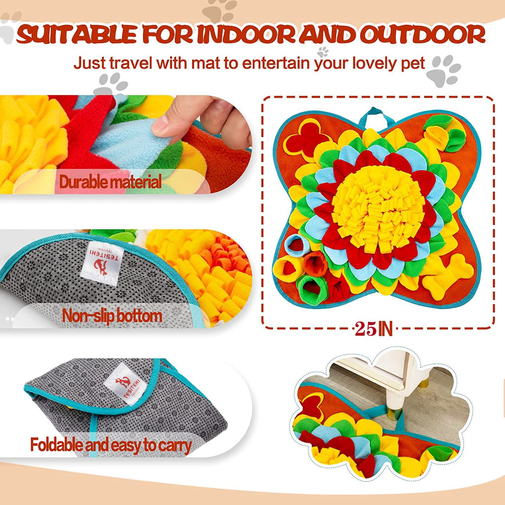 Tesitehi Dog Snuffle Mat 25"x25" - Interactive Feeding Puzzle with Flower Petals and Squeaky Bone - Slow Feeder for Small Medium Pets