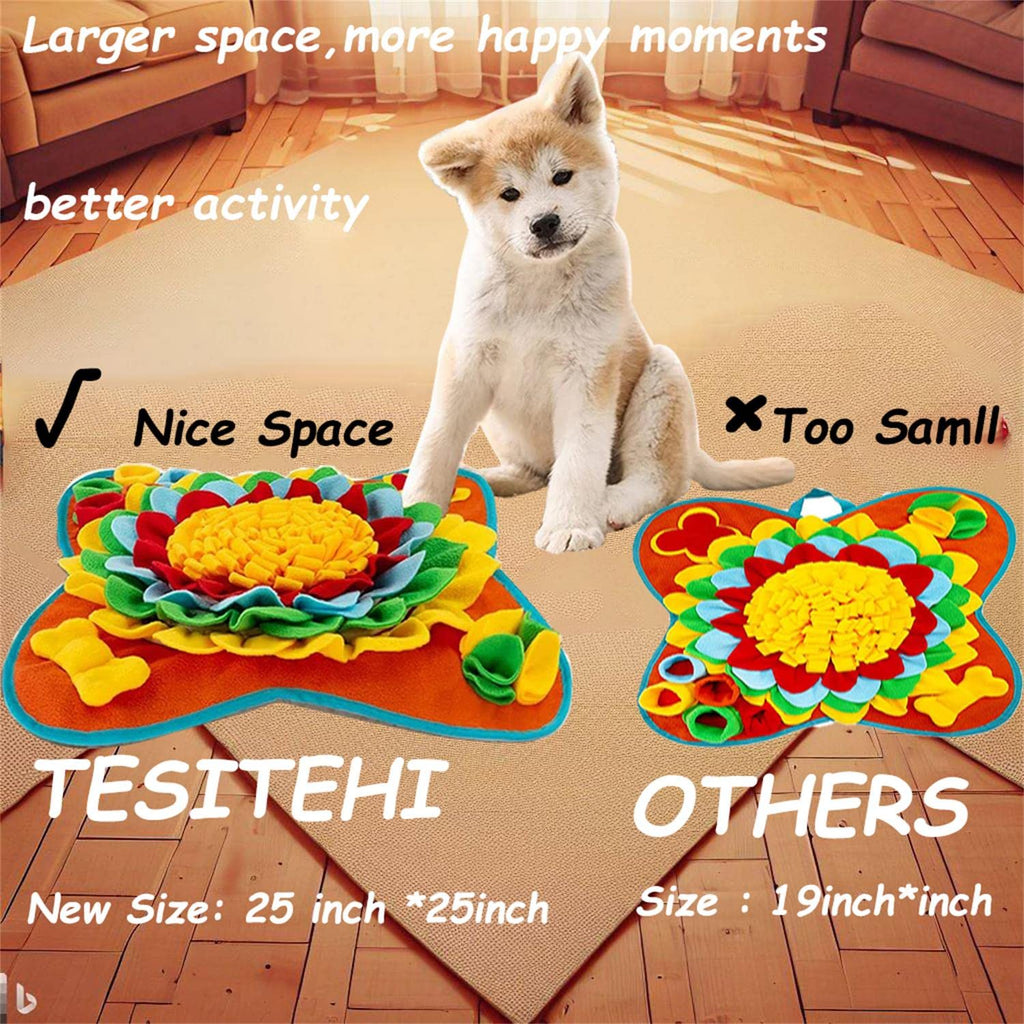 Tesitehi Dog Snuffle Mat 25"x25" - Interactive Feeding Puzzle with Flower Petals and Squeaky Bone - Slow Feeder for Small Medium Pets