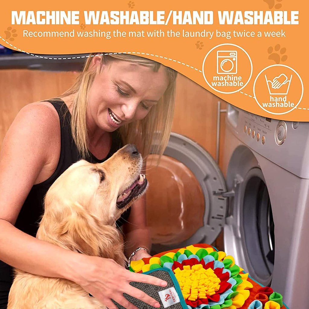 Tesitehi Dog Snuffle Mat 25"x25" - Interactive Feeding Puzzle with Flower Petals and Squeaky Bone - Slow Feeder for Small Medium Pets