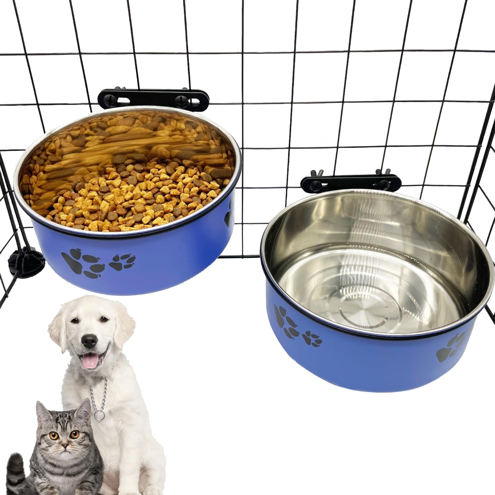 Tfwadmx Stainless Steel Hanging Dog Crate Bowls – 2-Pack (Blue, 6.3" & 7.1" Diameter) – No-Spill, Detachable with Paw Print Design