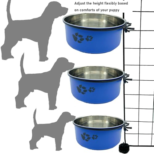 Tfwadmx Stainless Steel Hanging Dog Crate Bowls – 2-Pack (Blue, 6.3" & 7.1" Diameter) – No-Spill, Detachable with Paw Print Design