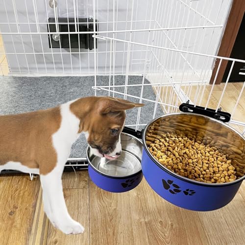 Tfwadmx Stainless Steel Hanging Dog Crate Bowls – 2-Pack (Blue, 6.3" & 7.1" Diameter) – No-Spill, Detachable with Paw Print Design