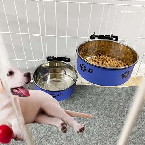 Tfwadmx Stainless Steel Hanging Dog Crate Bowls – 2-Pack (Blue, 6.3" & 7.1" Diameter) – No-Spill, Detachable with Paw Print Design