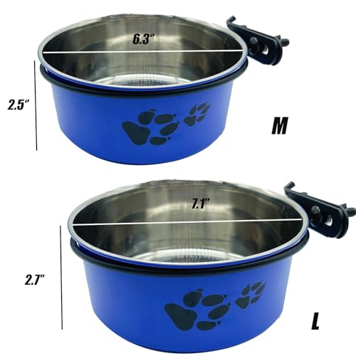Tfwadmx Stainless Steel Hanging Dog Crate Bowls – 2-Pack (Blue, 6.3" & 7.1" Diameter) – No-Spill, Detachable with Paw Print Design