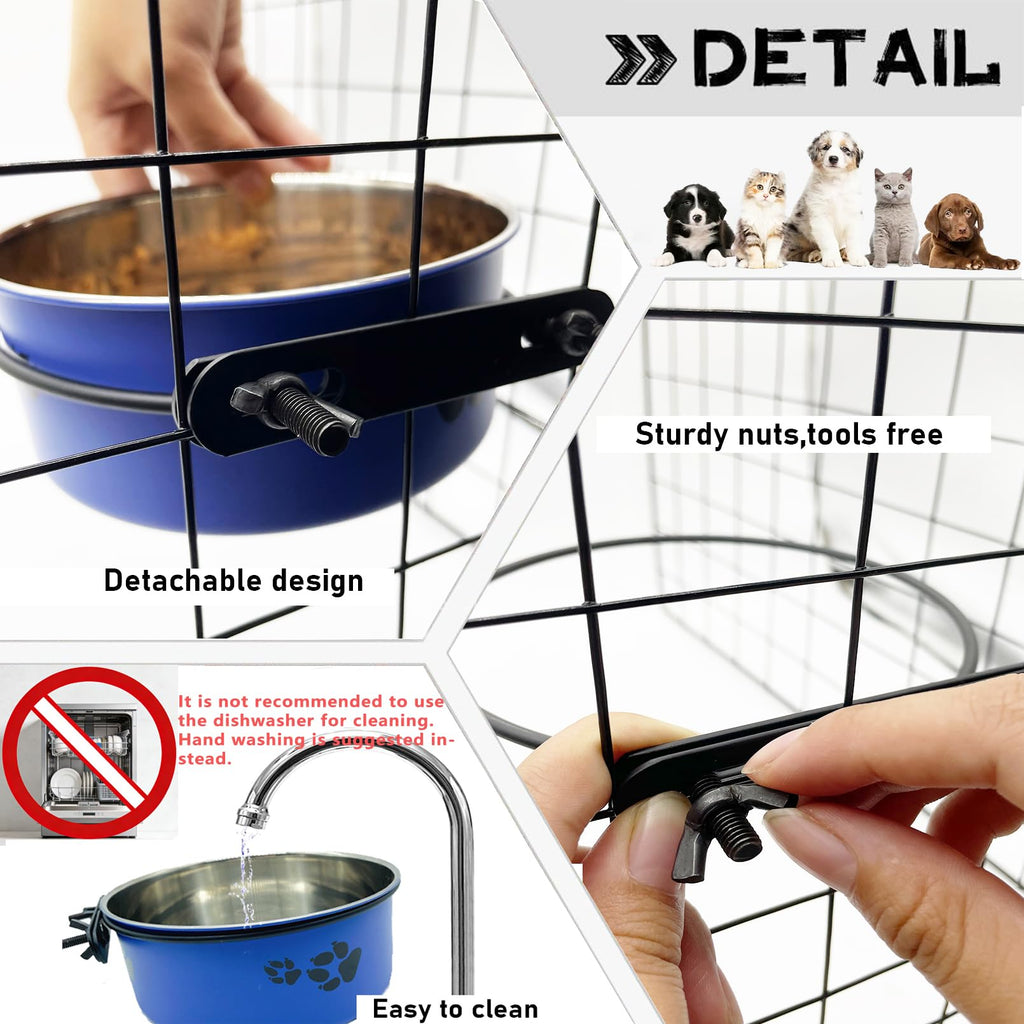 Tfwadmx Stainless Steel Hanging Dog Crate Bowls – 2-Pack (Blue, 6.3" & 7.1" Diameter) – No-Spill, Detachable with Paw Print Design