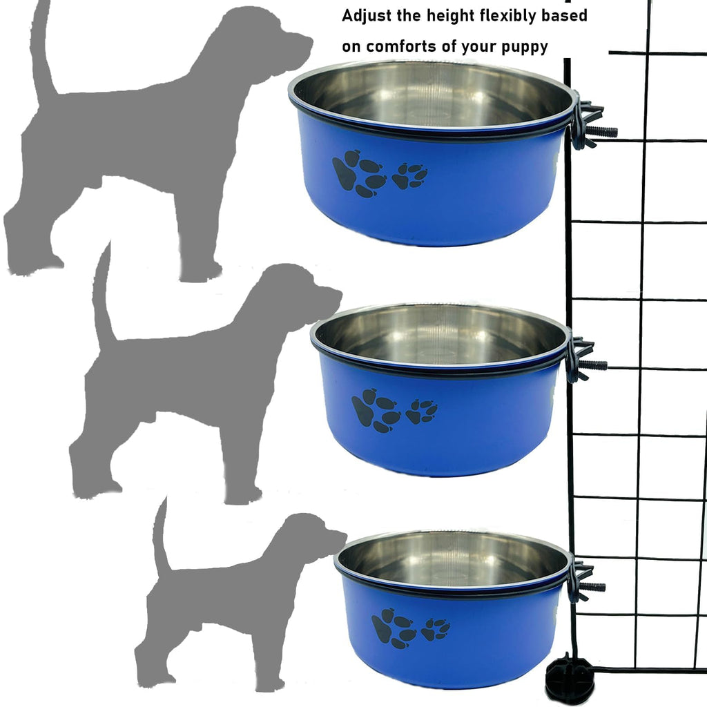 Tfwadmx Stainless Steel Hanging Dog Crate Bowls – 2-Pack (Blue, 6.3" & 7.1" Diameter) – No-Spill, Detachable with Paw Print Design