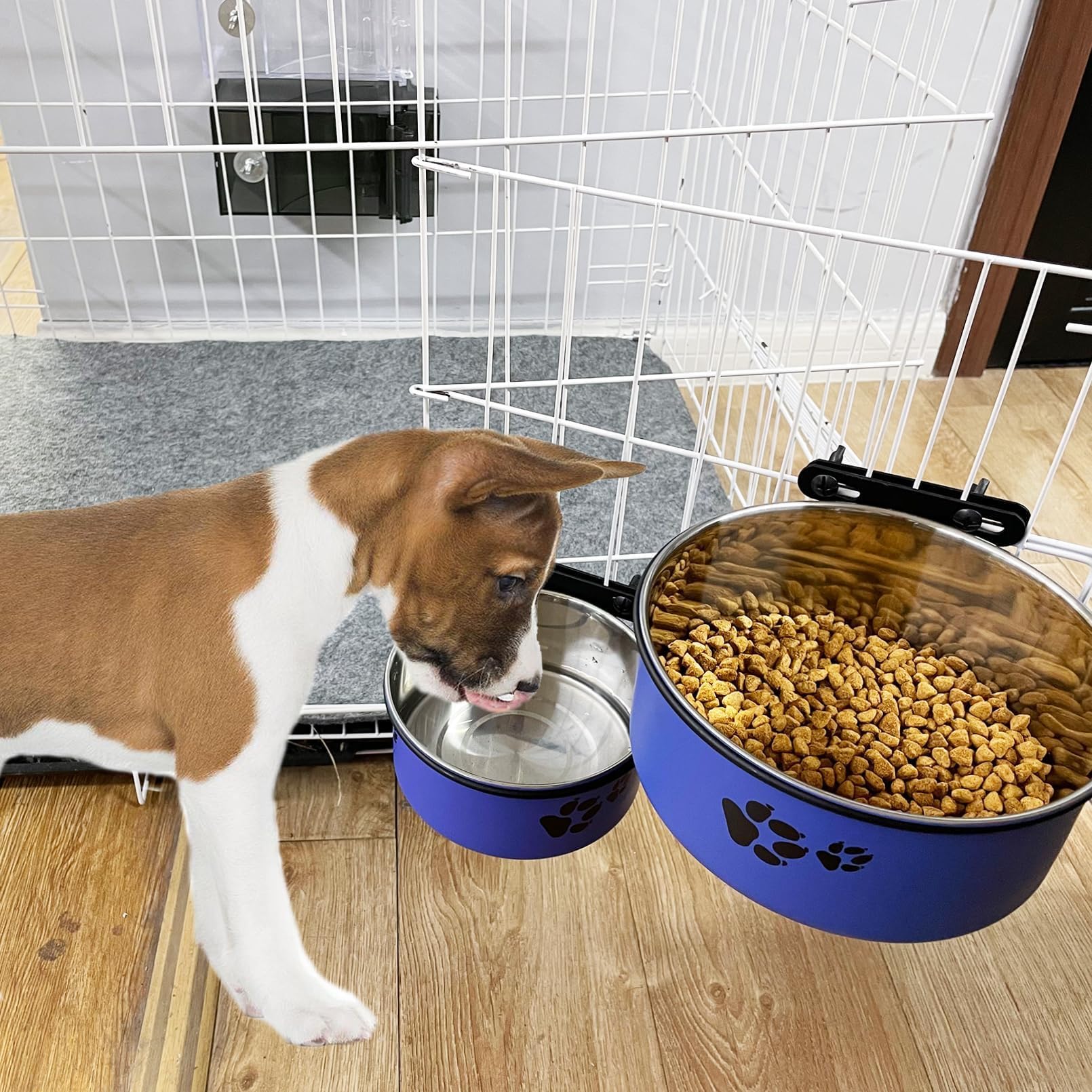 Tfwadmx Stainless Steel Hanging Dog Crate Bowls – 2-Pack (Blue, 6.3" & 7.1" Diameter) – No-Spill, Detachable with Paw Print Design