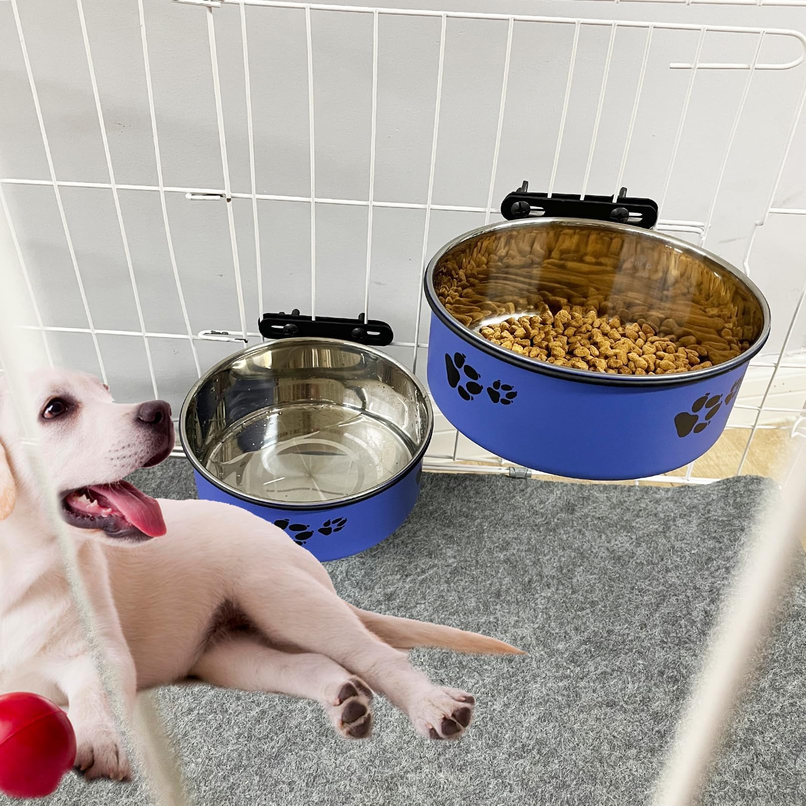 Tfwadmx Stainless Steel Hanging Dog Crate Bowls – 2-Pack (Blue, 6.3" & 7.1" Diameter) – No-Spill, Detachable with Paw Print Design