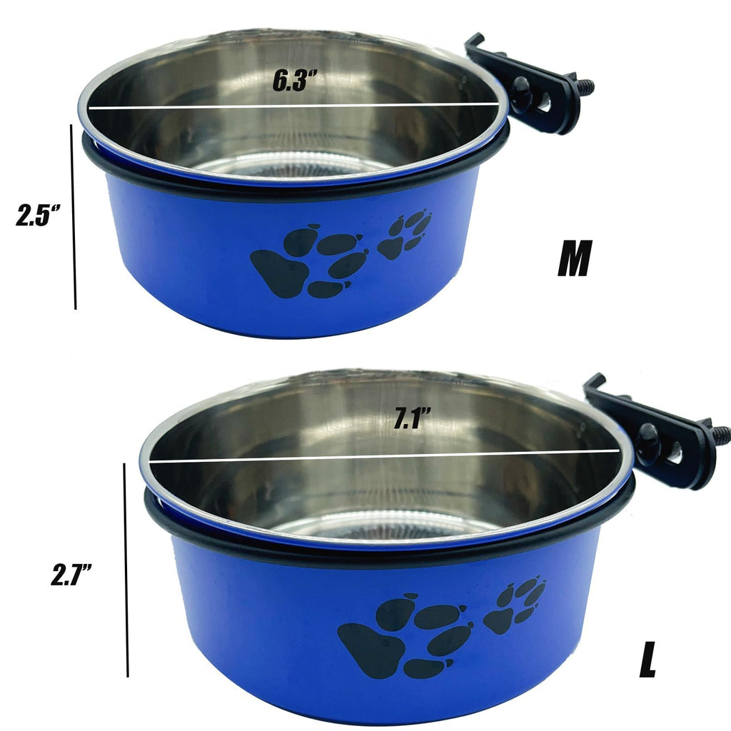 Tfwadmx Stainless Steel Hanging Dog Crate Bowls – 2-Pack (Blue, 6.3" & 7.1" Diameter) – No-Spill, Detachable with Paw Print Design