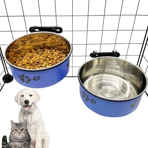 Tfwadmx Stainless Steel Hanging Dog Crate Bowls – 2-Pack (Blue, 6.3" & 7.1" Diameter) – No-Spill, Detachable with Paw Print Design