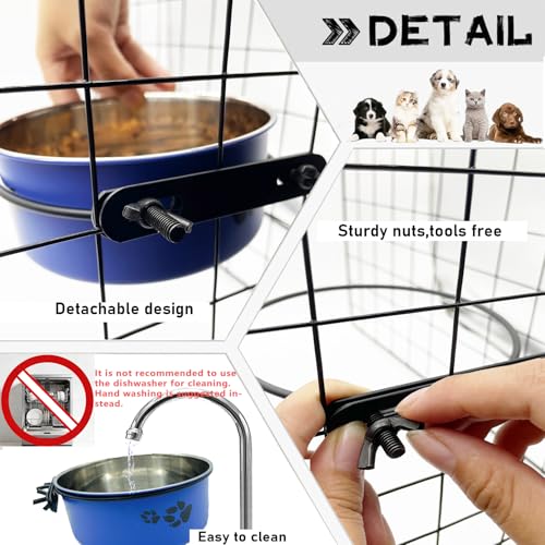 Tfwadmx Stainless Steel Hanging Dog Crate Bowls – 2-Pack (Blue, 6.3" & 7.1" Diameter) – No-Spill, Detachable with Paw Print Design