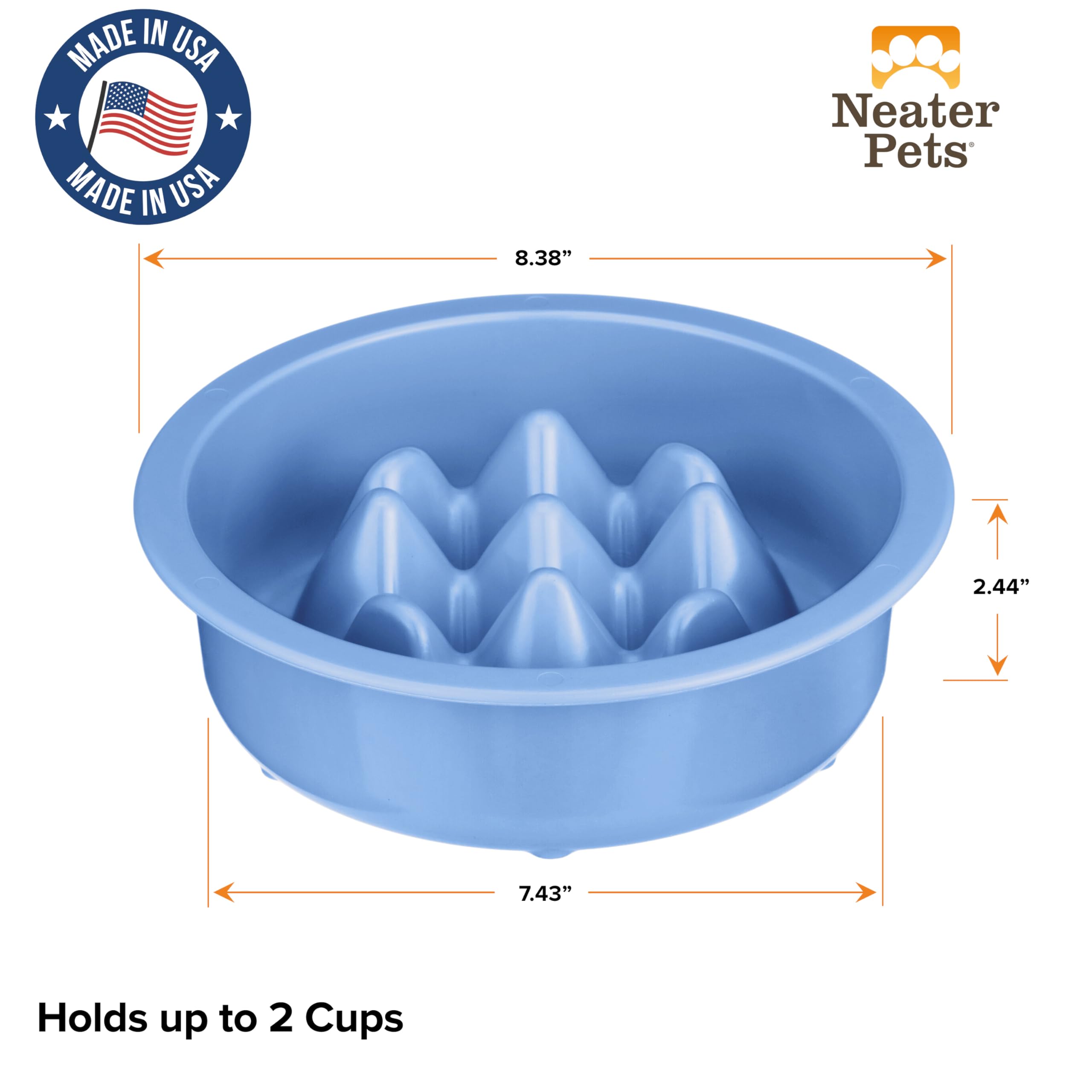 The Niner Slow Feed Bowl by Neater Pet Brands - Blue, Anti-Gulping Design with Nine Peaks, Fits Large Neater Feeders, Holds 2 Cups, Dishwasher Safe