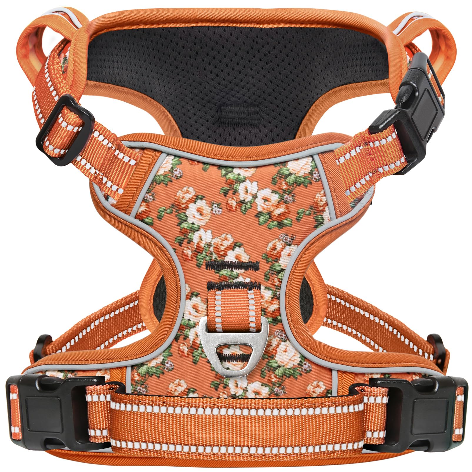 Timos Small Dog Harness No Pull - Flower Orange Reflective Vest with 3 Snap Buckles & Control Handle