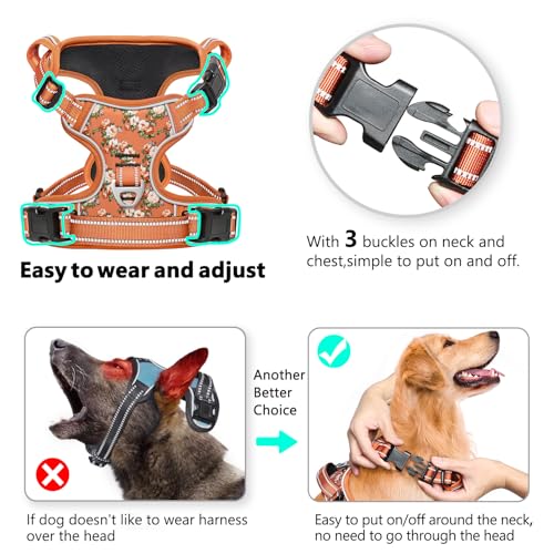 Timos Small Dog Harness No Pull - Flower Orange Reflective Vest with 3 Snap Buckles & Control Handle