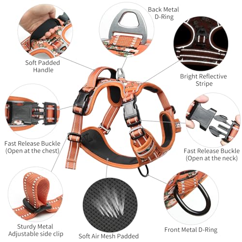 Timos Small Dog Harness No Pull - Flower Orange Reflective Vest with 3 Snap Buckles & Control Handle