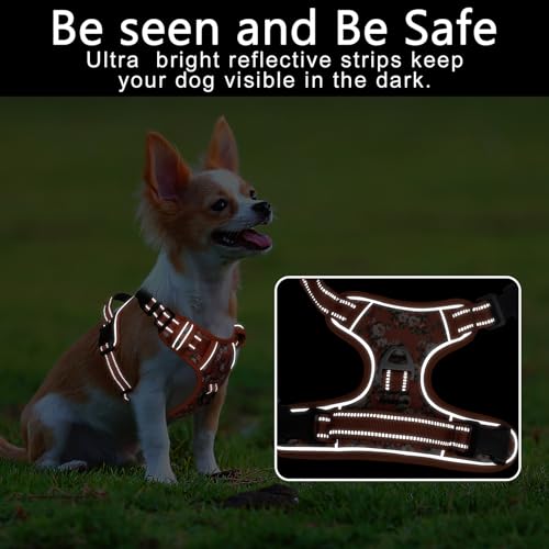 Timos Small Dog Harness No Pull - Flower Orange Reflective Vest with 3 Snap Buckles & Control Handle