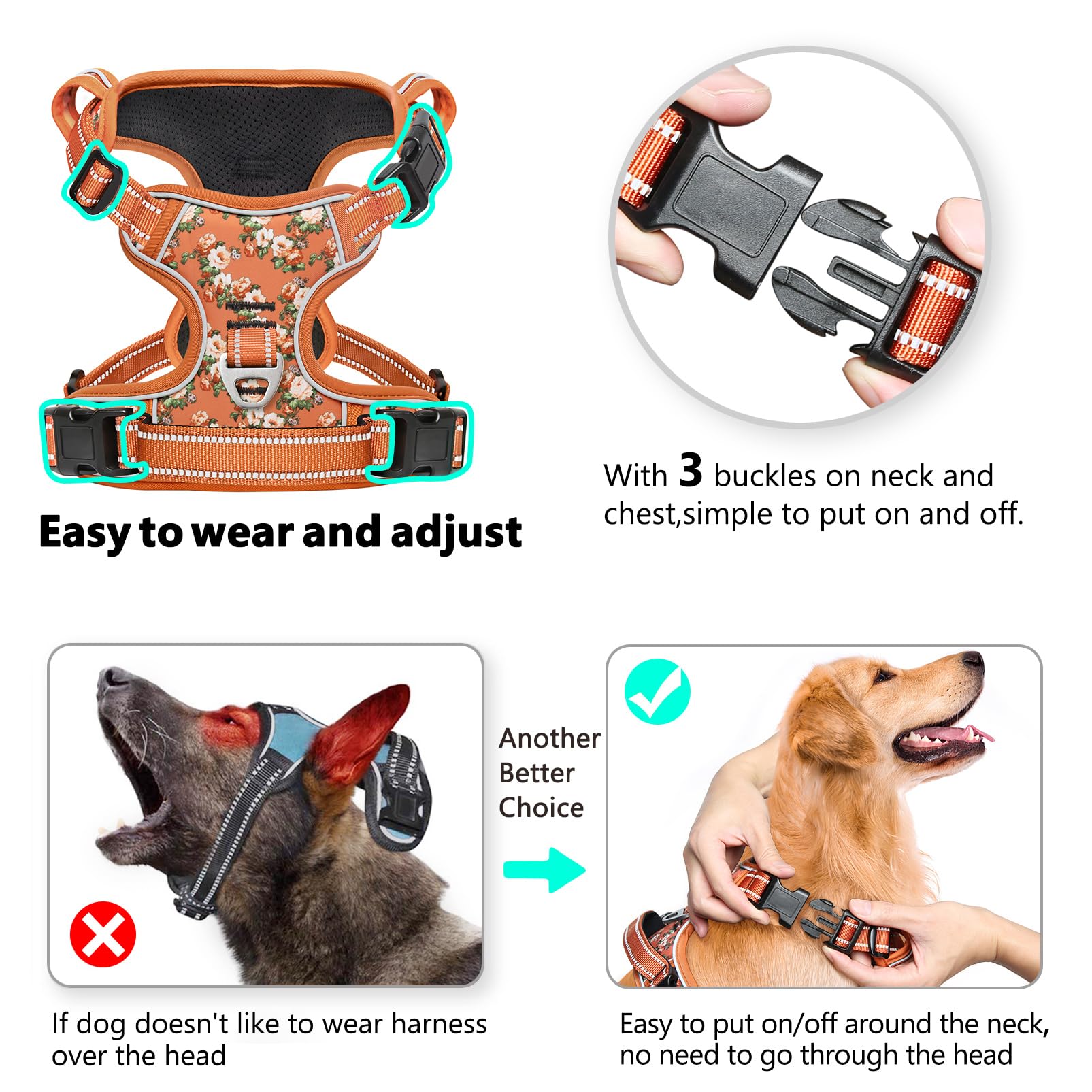 Timos Small Dog Harness No Pull - Flower Orange Reflective Vest with 3 Snap Buckles & Control Handle