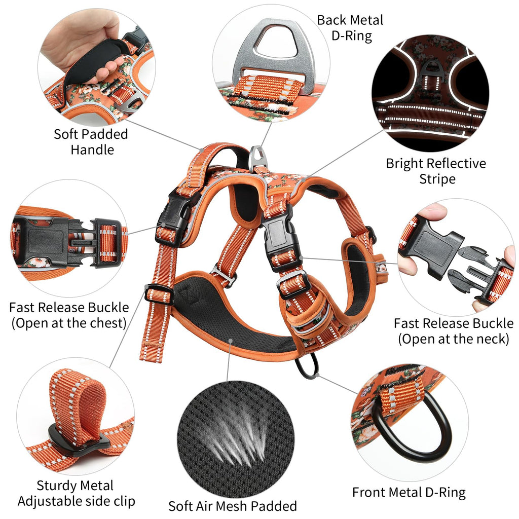 Timos Small Dog Harness No Pull - Flower Orange Reflective Vest with 3 Snap Buckles & Control Handle