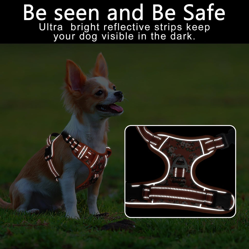 Timos Small Dog Harness No Pull - Flower Orange Reflective Vest with 3 Snap Buckles & Control Handle