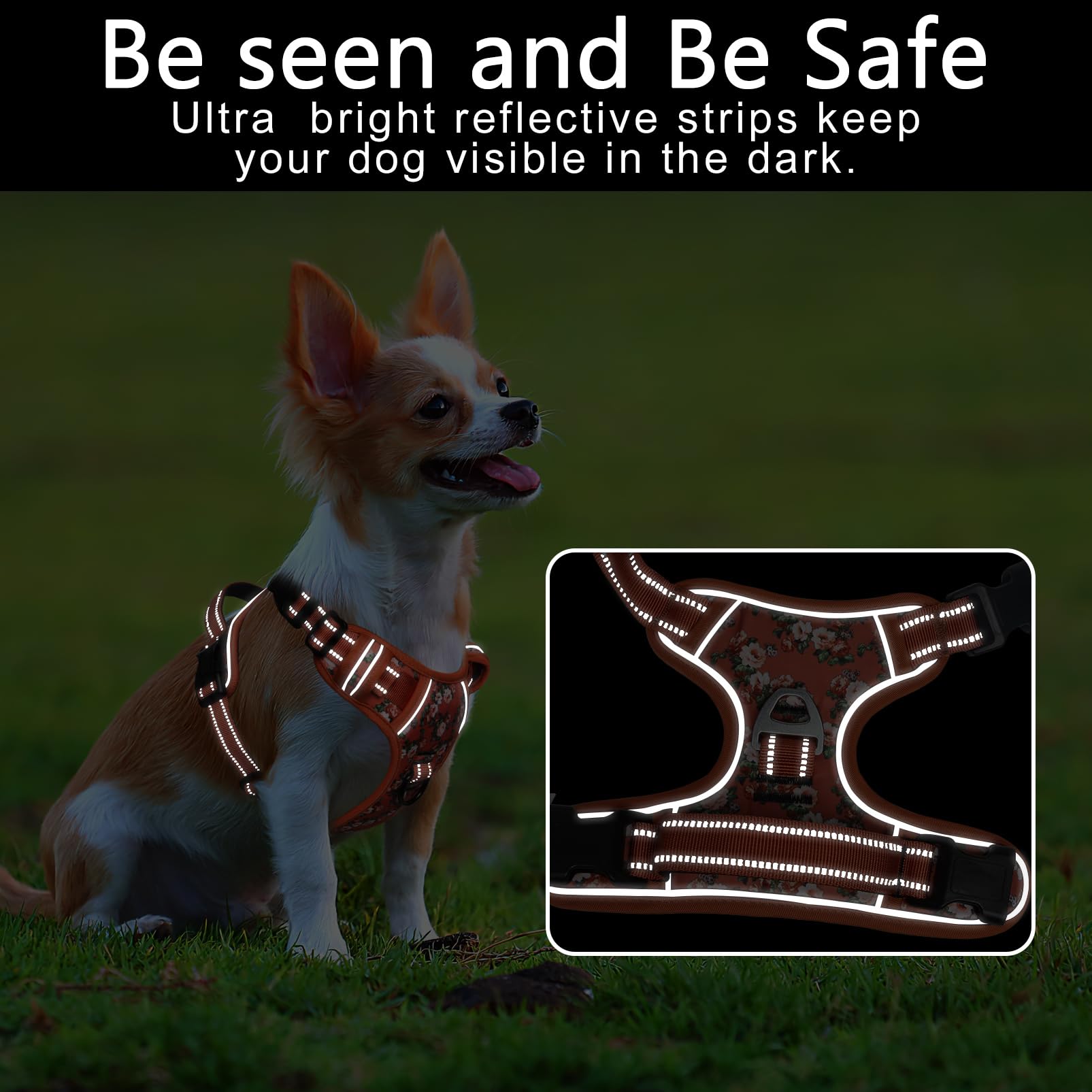 Timos Small Dog Harness No Pull - Flower Orange Reflective Vest with 3 Snap Buckles & Control Handle
