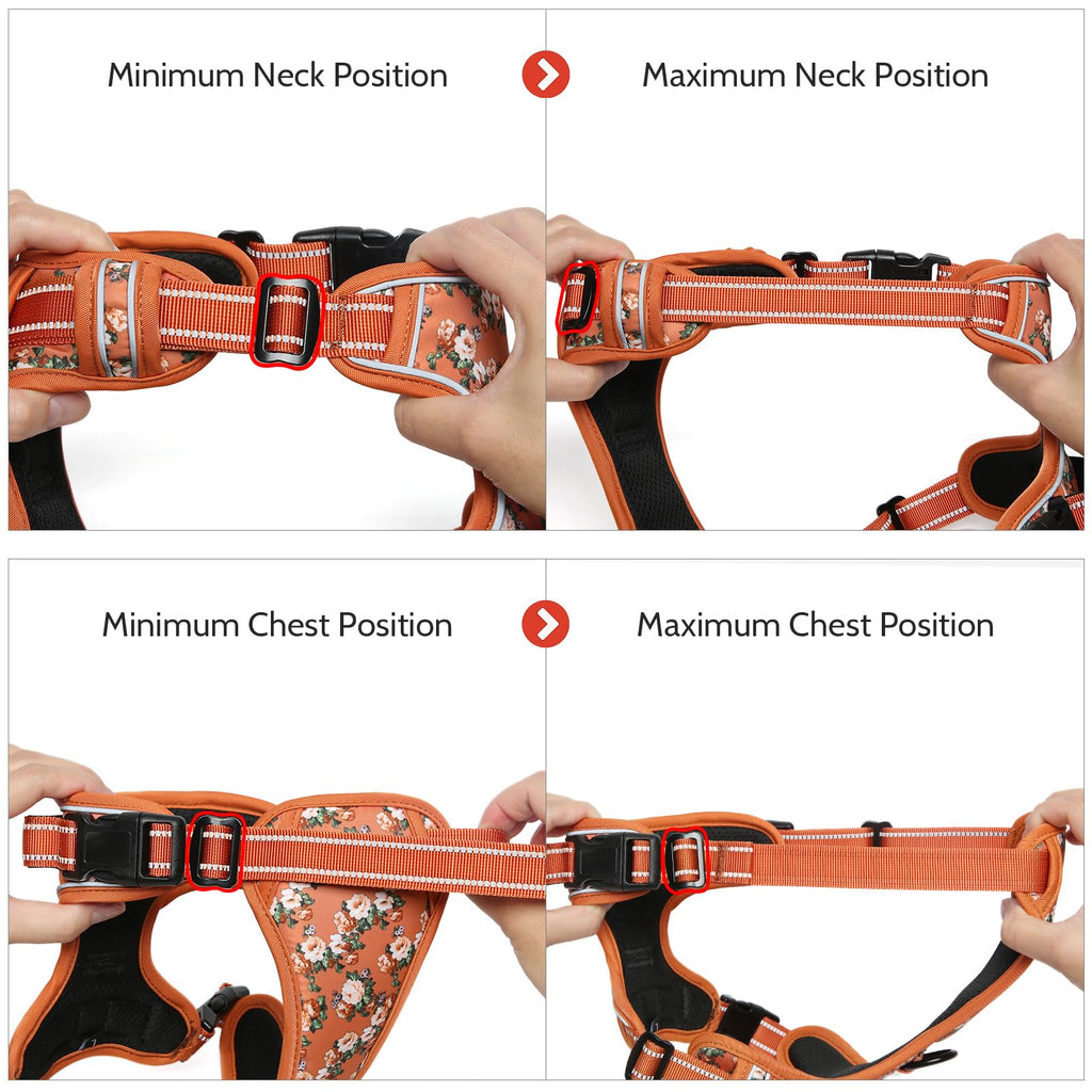 Timos Small Dog Harness No Pull - Flower Orange Reflective Vest with 3 Snap Buckles & Control Handle