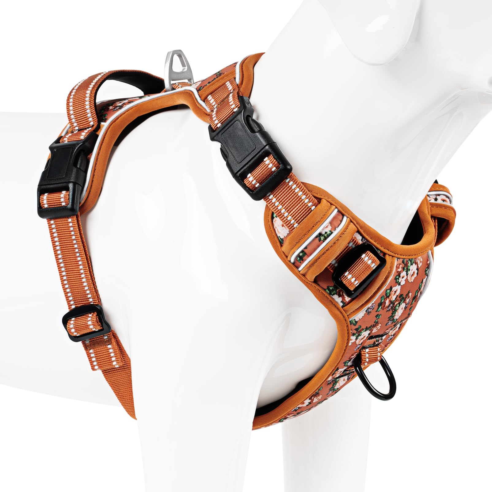 Timos Small Dog Harness No Pull - Flower Orange Reflective Vest with 3 Snap Buckles & Control Handle