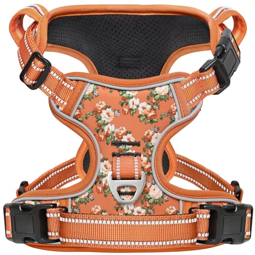Timos Small Dog Harness No Pull - Flower Orange Reflective Vest with 3 Snap Buckles & Control Handle