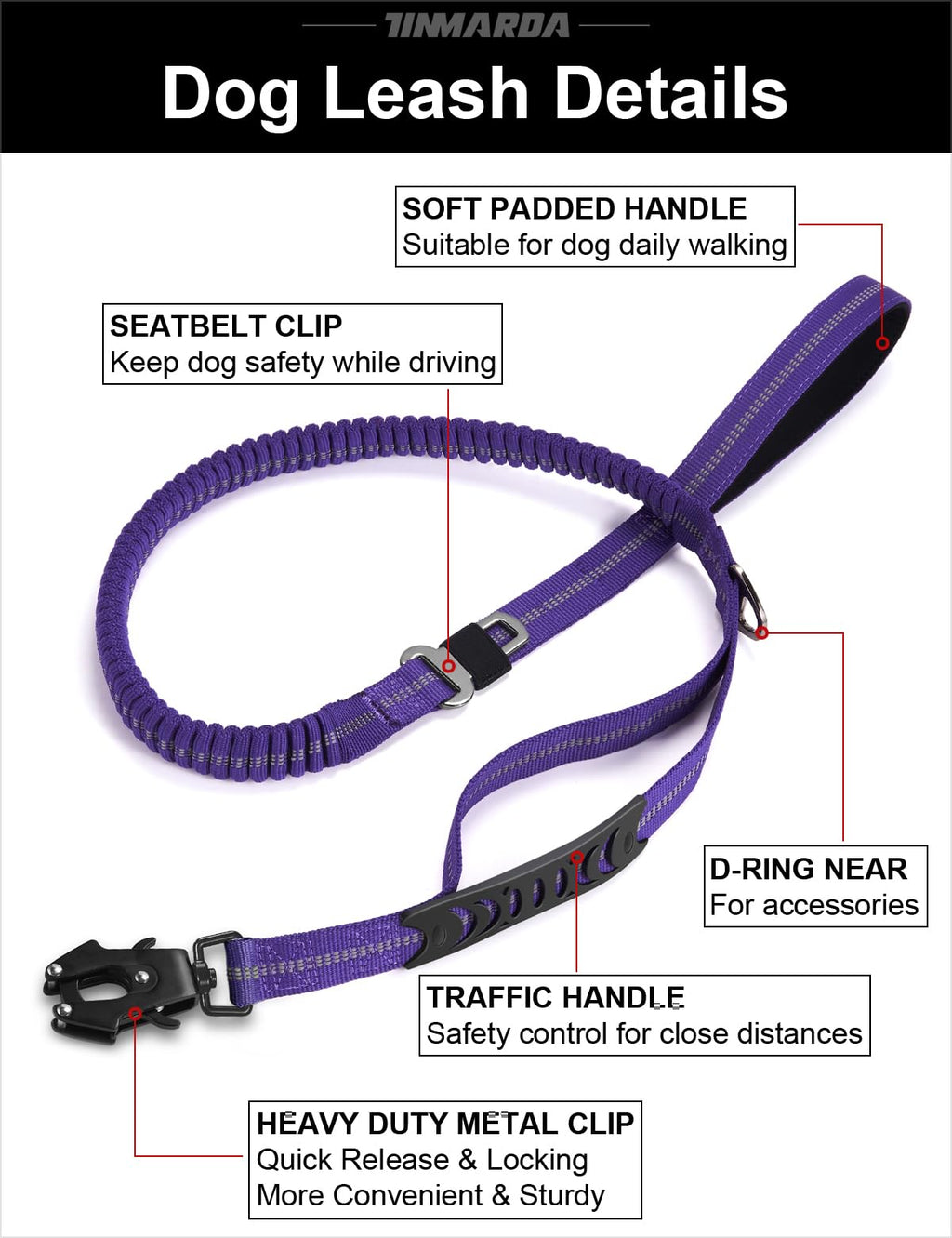 TINMARDA Heavy Duty Dog Leash - 6FT Shock Absorbing Bungee with Traffic Handle and Padded Handles, Reflective, for Large Dogs that Pull (Blue)