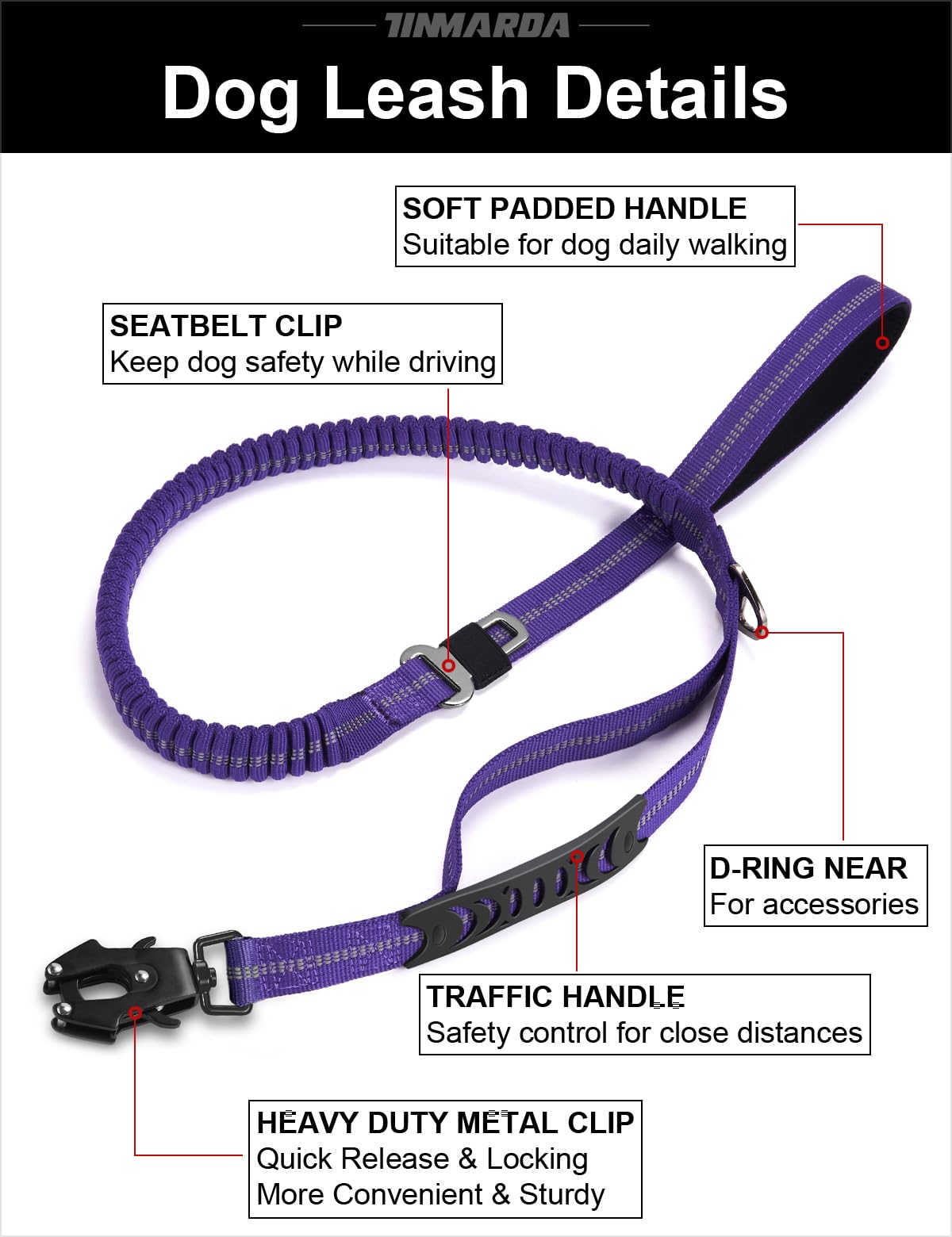 TINMARDA Heavy Duty Dog Leash - 6FT Shock Absorbing Bungee with Traffic Handle and Padded Handles, Reflective, for Large Dogs that Pull (Blue)