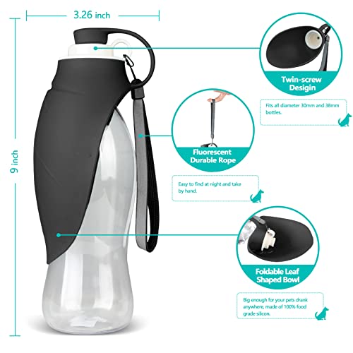 TIOVERY 20oz Dog Water Bottle with Bowl, Leak Proof Portable Pet Water Dispenser for Travel Hiking Walking, Black