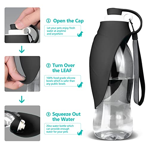 TIOVERY 20oz Dog Water Bottle with Bowl, Leak Proof Portable Pet Water Dispenser for Travel Hiking Walking, Black