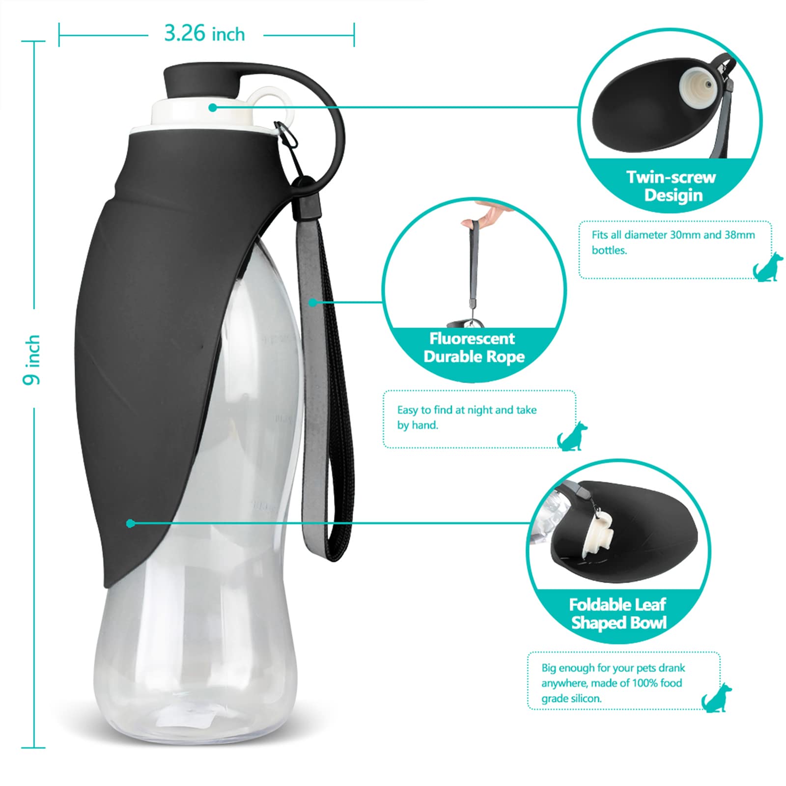 TIOVERY 20oz Dog Water Bottle with Bowl, Leak Proof Portable Pet Water Dispenser for Travel Hiking Walking, Black