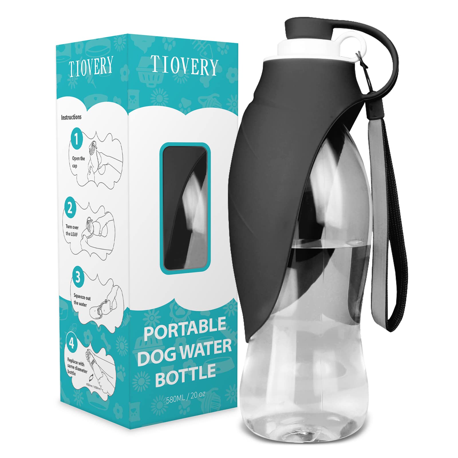 TIOVERY 20oz Dog Water Bottle with Bowl, Leak Proof Portable Pet Water Dispenser for Travel Hiking Walking, Black