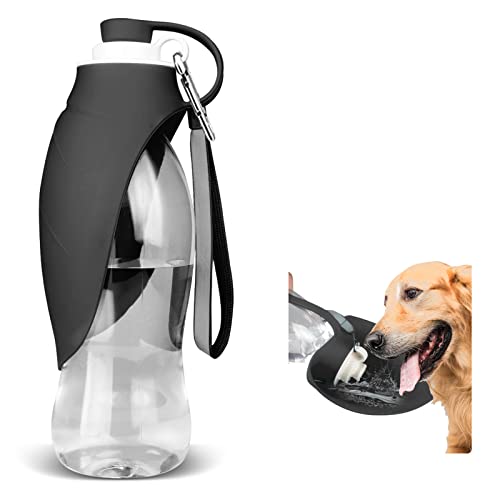 TIOVERY 20oz Dog Water Bottle with Bowl, Leak Proof Portable Pet Water Dispenser for Travel Hiking Walking, Black