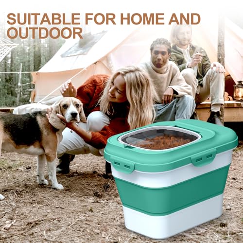 TIOVERY Collapsible Dog Food Storage Container – 10L Airtight Bin with Clear Flip-Top and Scoop (Green)