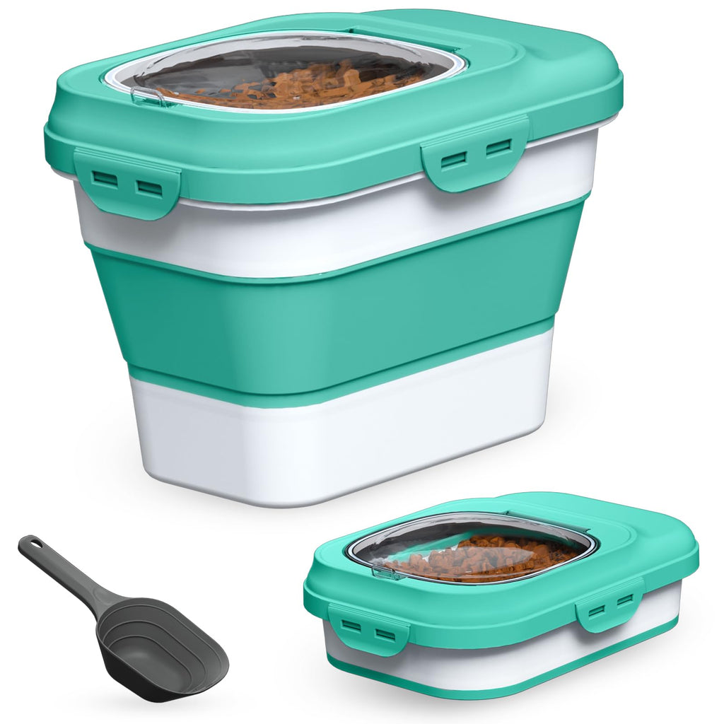 TIOVERY Collapsible Dog Food Storage Container – 10L Airtight Bin with Clear Flip-Top and Scoop (Green)
